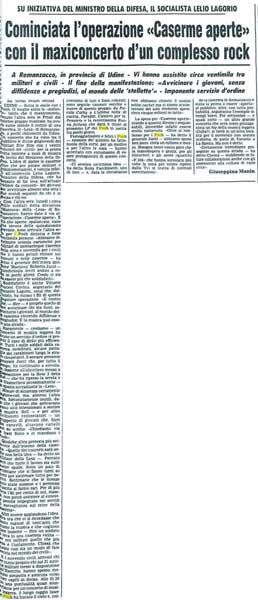 26.08.1981 - Corriere della Sera - Cominciata l'operazione «Caserme aperte» con il maxiconcerto d'un complesso rock, di Giuseppina Manin 26.08.1981 - Corriere della Sera - Cominciata l'operazione «Caserme aperte» con il maxiconcerto d'un complesso rock, di Giuseppina Manin