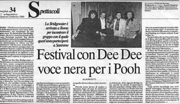 02.02.1990 - La Repubblica - Festival con Dee Dee voce nera per i Pooh, di Laura Putti