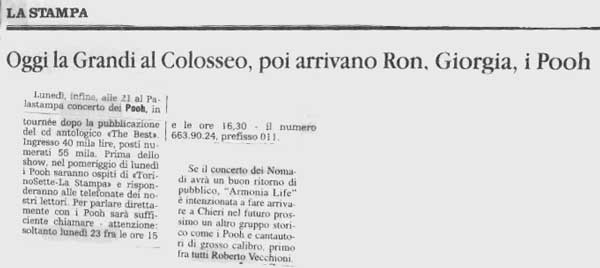 22.03.1998 - La Stampa - Oggi la Grandi al Colosseo, poi arrivano Ron, Giorgia, i Pooh 22.03.1998 - La Stampa - Oggi la Grandi al Colosseo, poi arrivano Ron, Giorgia, i Pooh