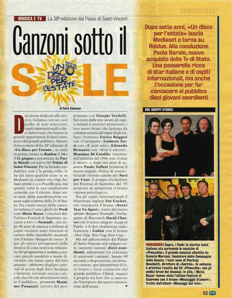 08.06.2002 - TV Sorrisi e Canzoni - N°24 - Pag.53 - Canzoni sotto il sole, di Sara Casassa