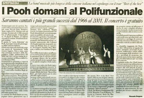 11.08.2002 - Il Domani Catanzaro - I Pooh domani al Polifunzionale, di Manuela Dragone 11.08.2002 - Il Domani Catanzaro - I Pooh domani al Polifunzionale, di Manuela Dragone