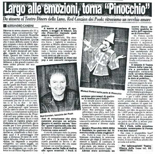 22.10.2003 - La Padania - Pag.19 - Largo alle emozioni, torna Pinocchio, di Alessandro Gandini