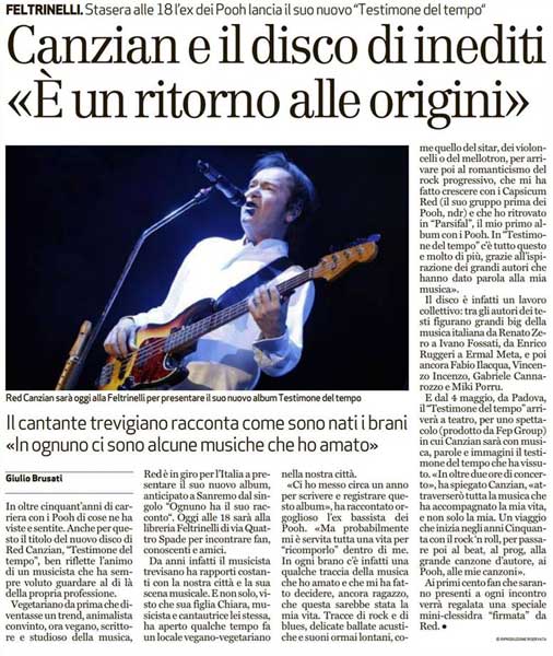 20.02.2018 - L'Arena - Canzian e il disco di inediti «È un ritorno alle origini», di Giulio Brusati